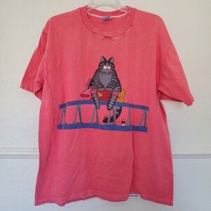Vintage 80s Kilban Cat Fish Bridge Crazy Shirts Single Stitch T-Shirt USA Red L